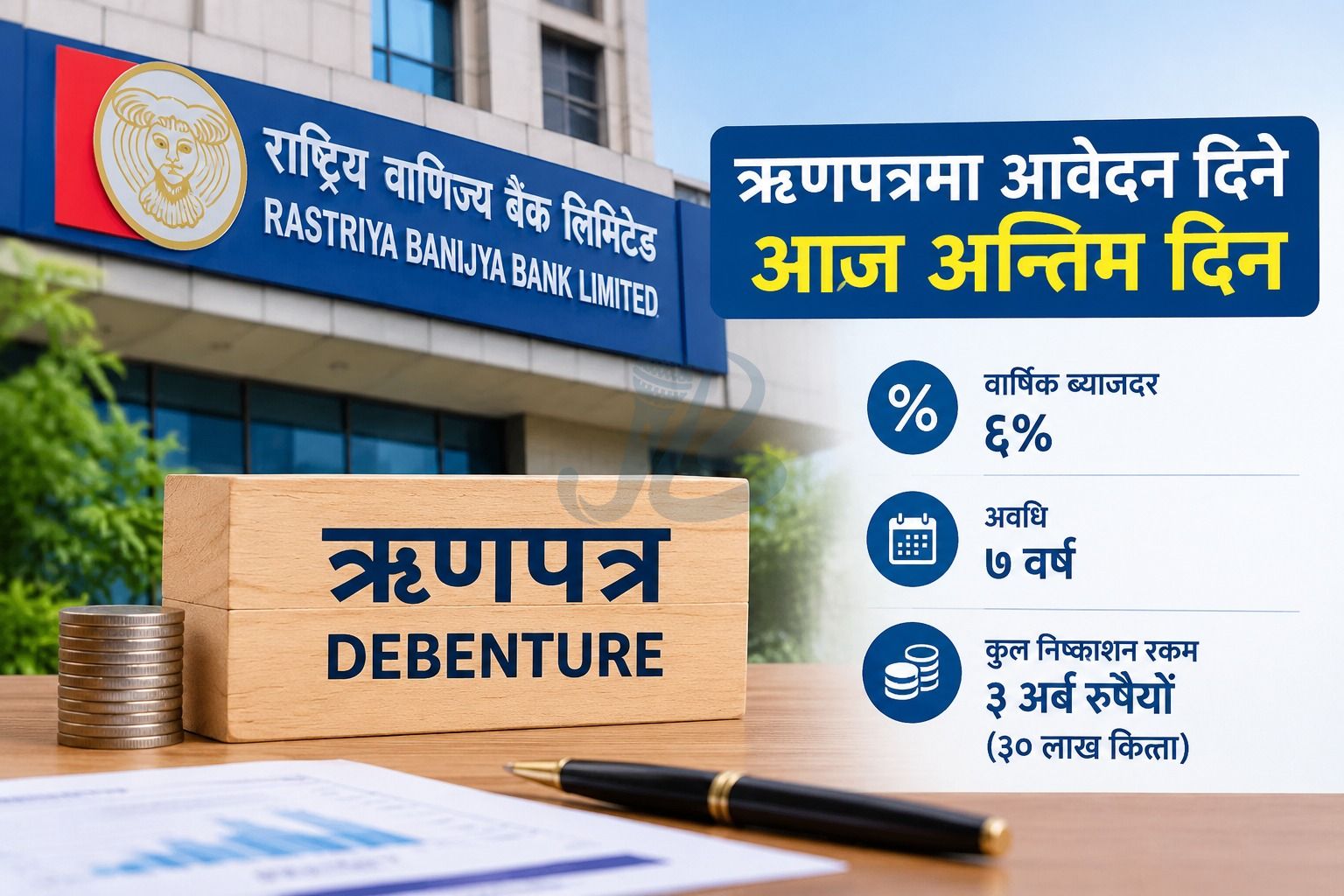 राष्ट्रिय वाणिज्य बैंकको ६ प्रतिशत ब्याजदरको ३ अर्ब रुपैयाँको ऋणपत्रमा आवेदन दिने आज अन्तिम दिन